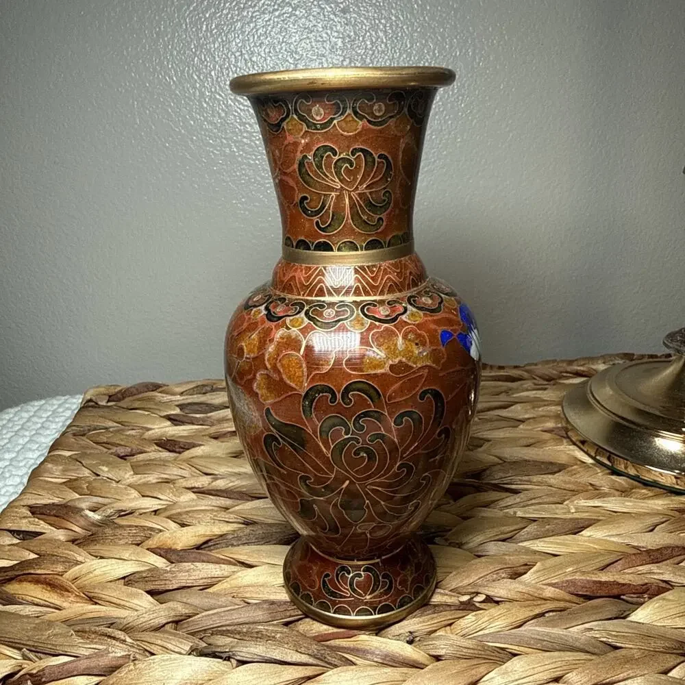 Vintage Chinese Cloisonne Vase Brass Enamel Floral Chinoiserie 6” Asian Decor